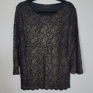 Coldwater Creek Lace Sheer Long Sleeve Top Large Black Gold Metallic Floral Goth